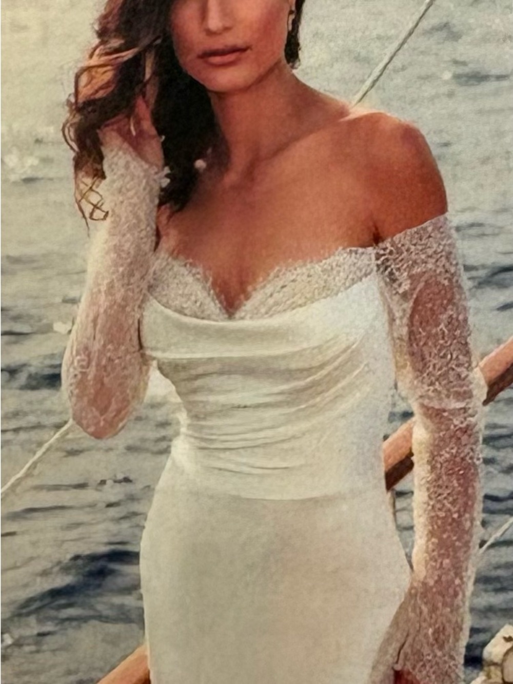 Off-the-Shoulder Lace Sleeve Wedding Gown by Eddy K, size 12, style Zinnia